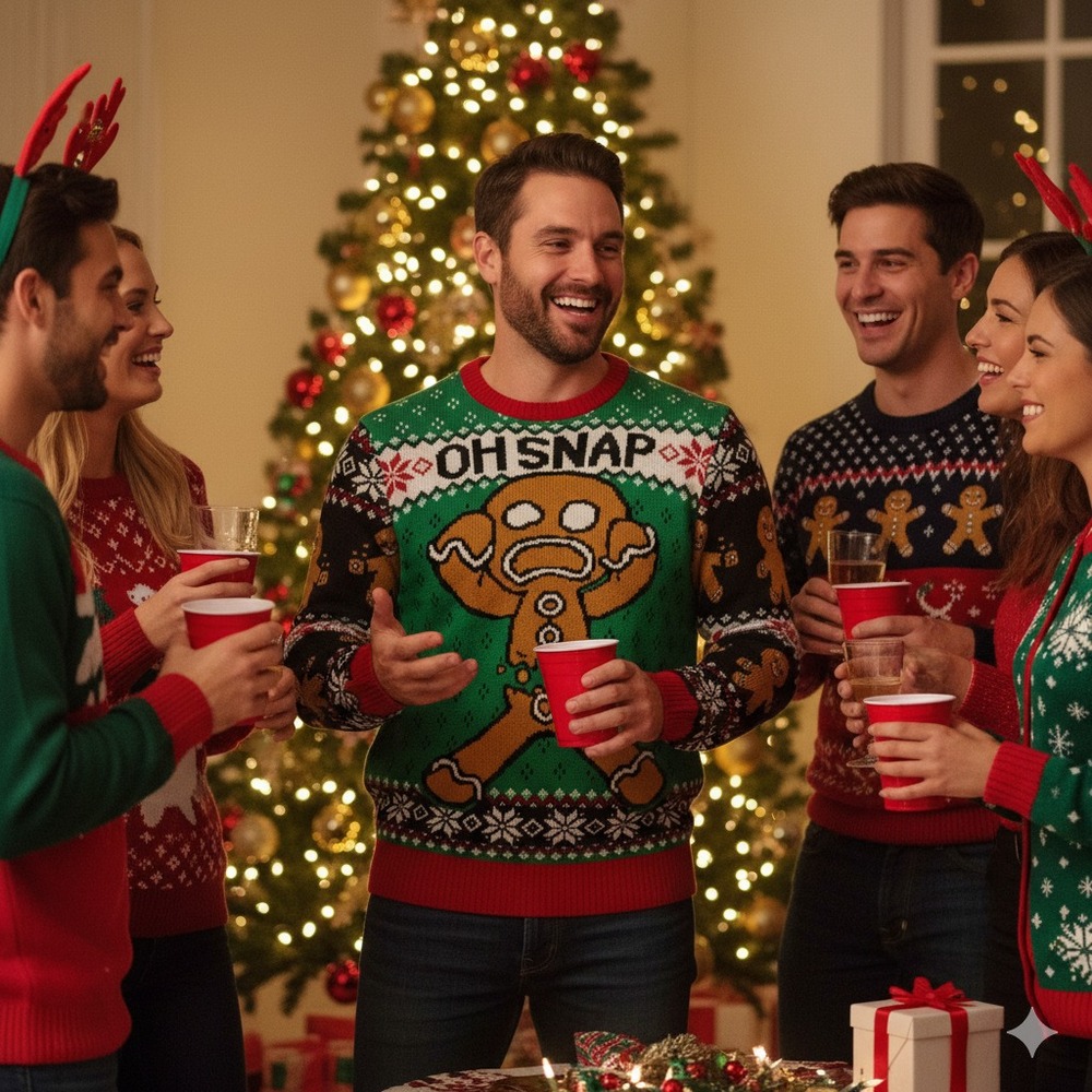 "Oh Snap" Gingerbread Man Ugly Christmas Sweater Snowflakes Festive Cozy Men's L